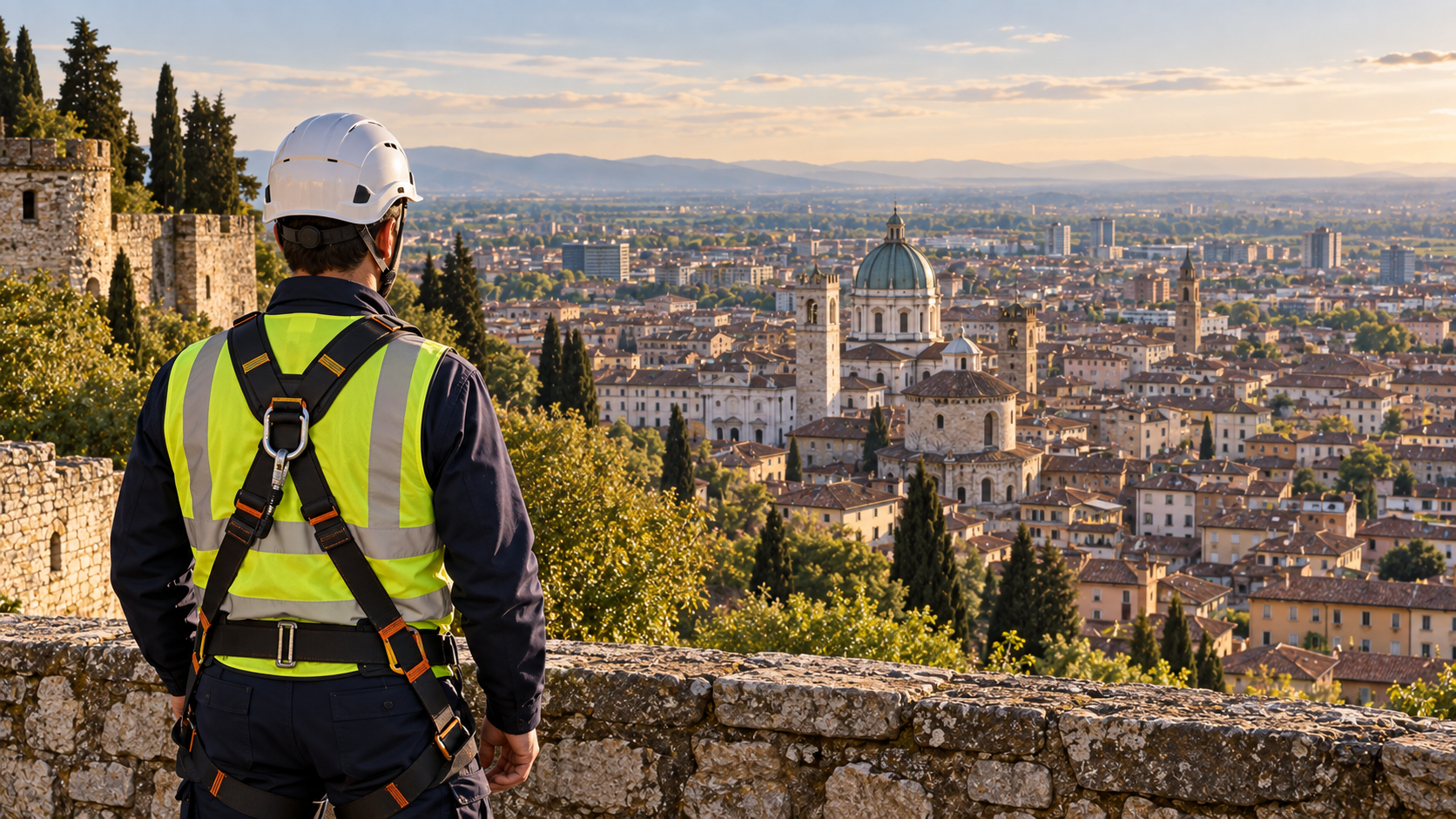 Operatore con DPI osserva Brescia dal Castello